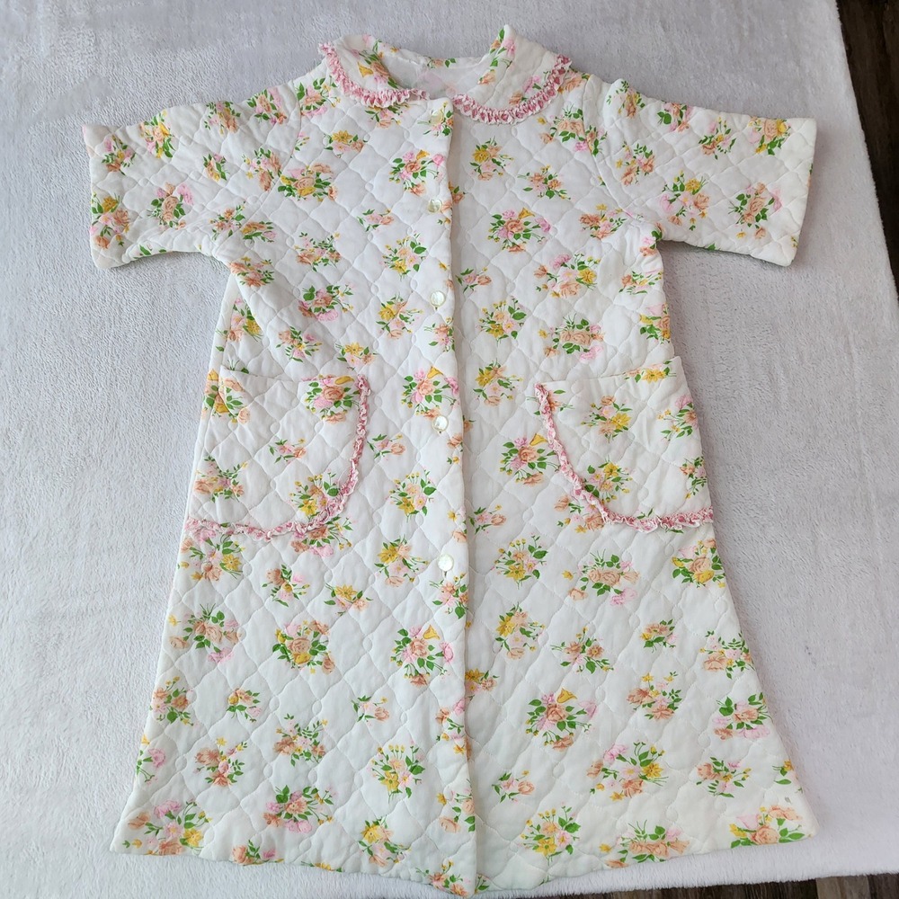 Vintage 1960s Quilted‎ Floral Robe Womens Medium Ruffle Grandma Dressing Gown